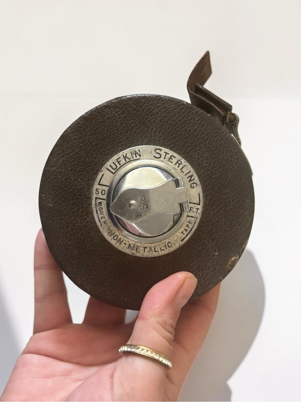 Vintage Lufkin Sterling 50 Ft Woven Metallic Tape Measure Leather Case USA